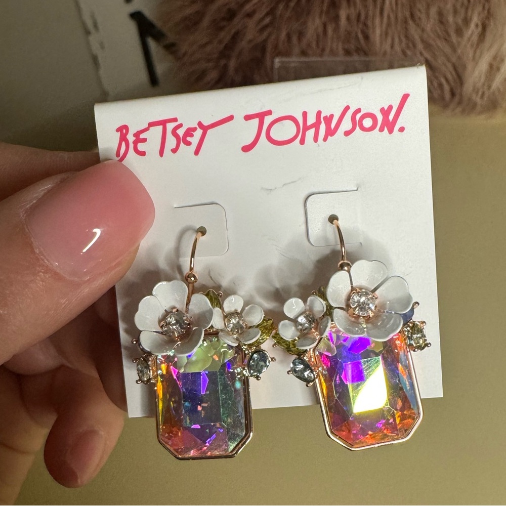 Betsey Johnson Floral Cluster Rose Gold Crystal Earrings